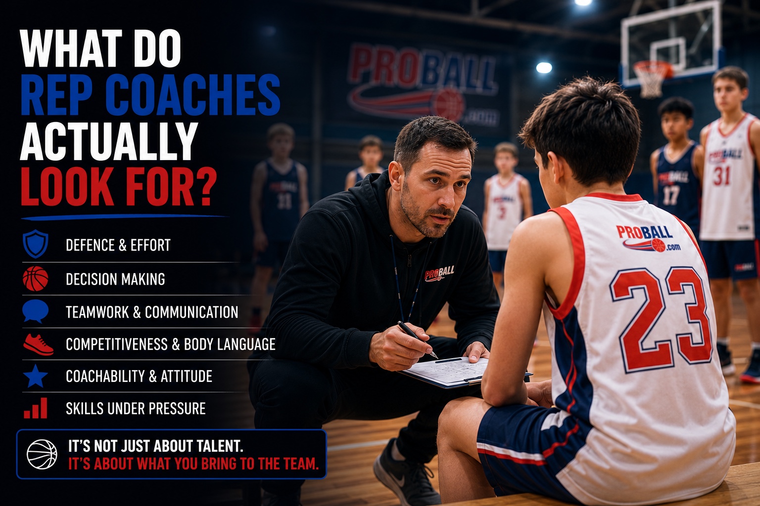 Young basketball player speaking with a coach during a rep basketball trial, highlighting the defence, effort, decision-making, teamwork, coachability and skills coaches look for when selecting players.